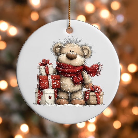 Teddy Bear with Gifts ornament UV DTF transfer on a round white ornament with a bokeh light background