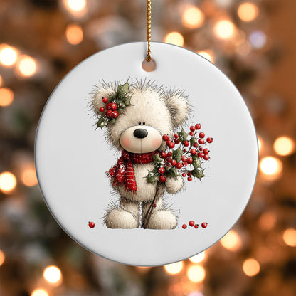 Teddy Bear with Holly Berries ornament UV DTF transfer on a round white ornament with a bokeh light background