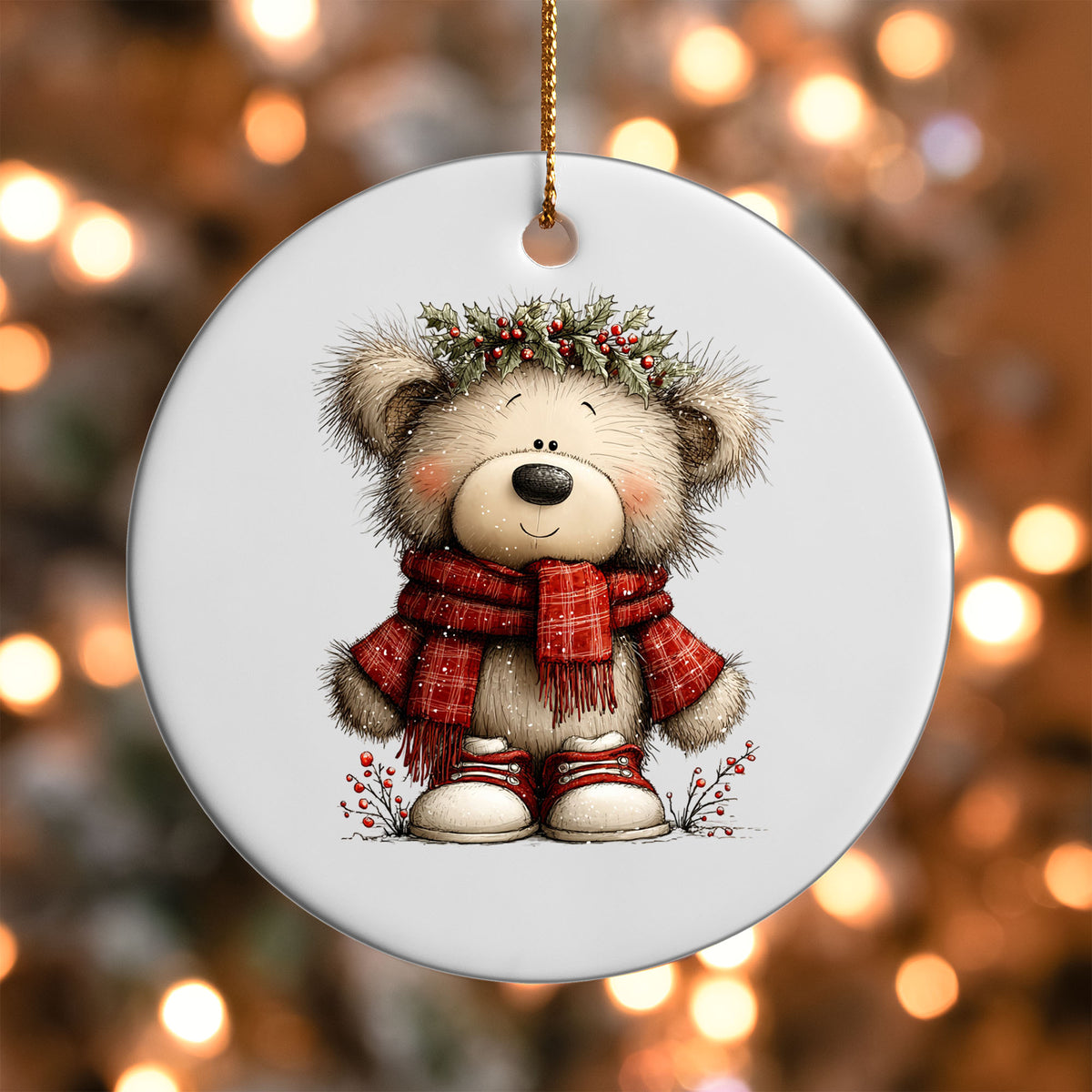 Teddy Bear with Holly Crown ornament UV DTF transfer on a round white ornament with a bokeh light background