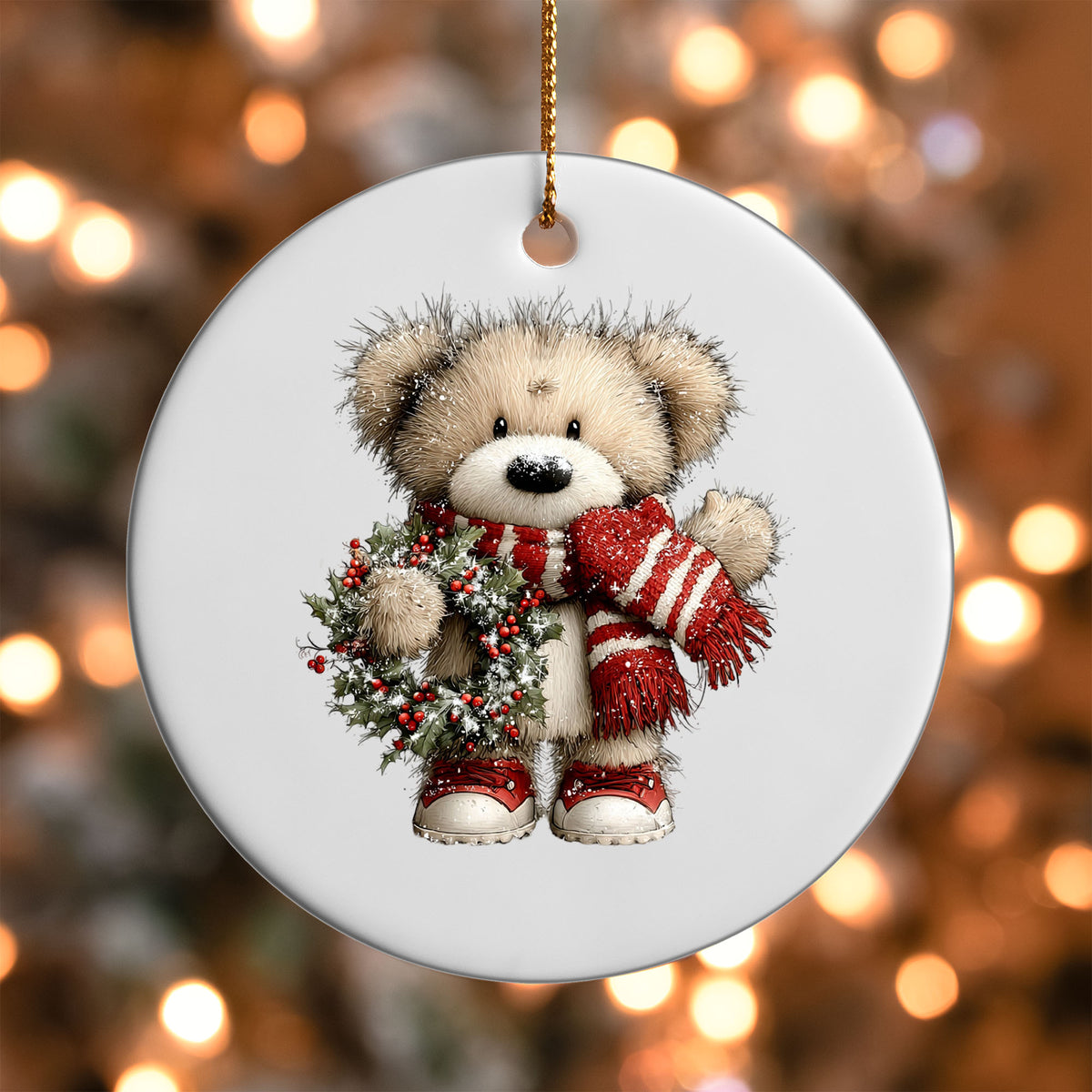 Teddy Bear with Holly Wreath ornament UV DTF transfer on a round white ornament with a bokeh light background