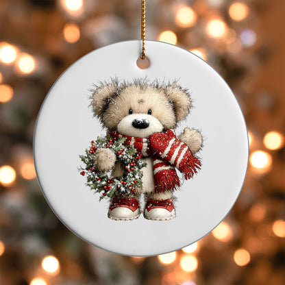 Teddy Bear with Holly Wreath ornament UV DTF transfer on a round white ornament with a bokeh light background