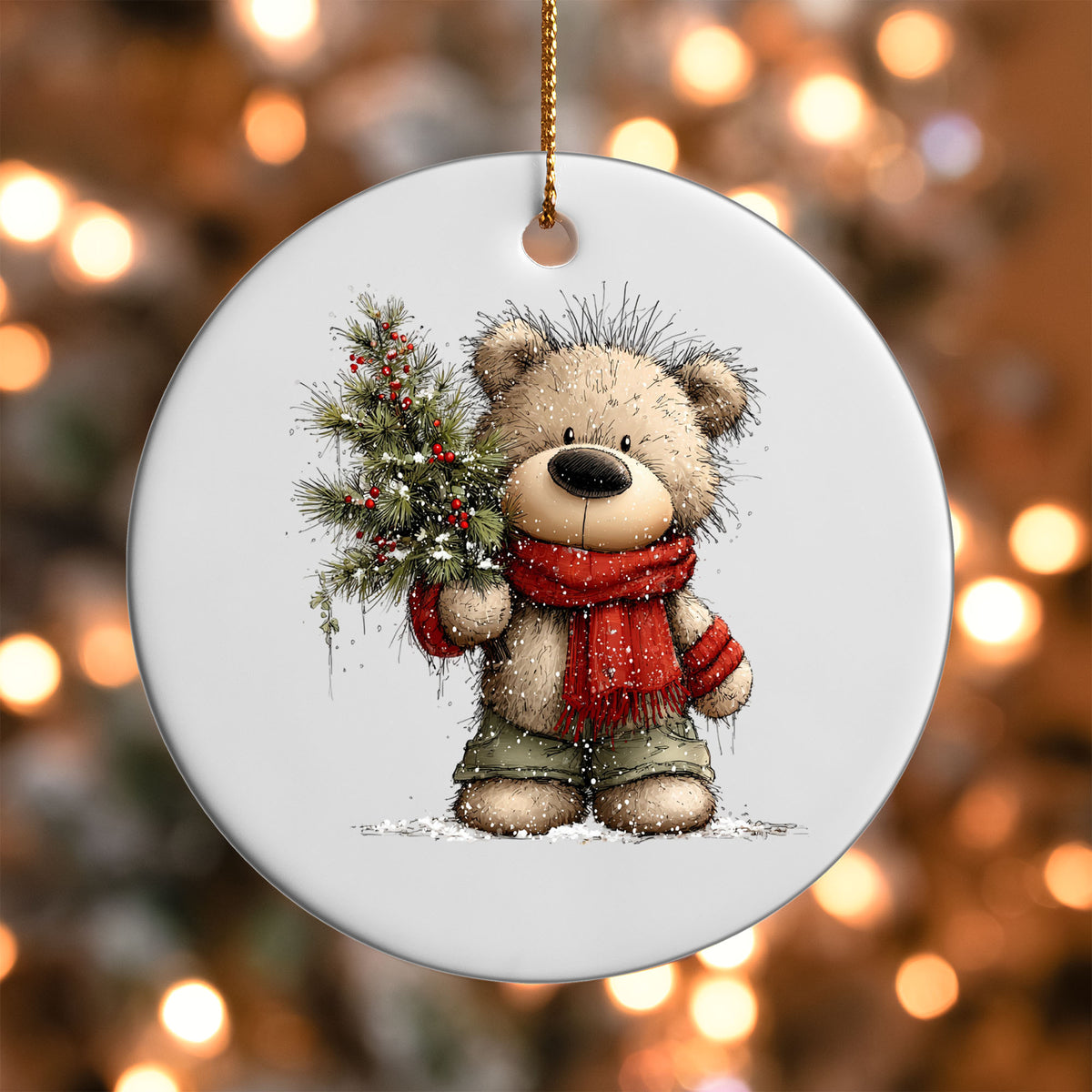 Teddy Bear with Pine Branch ornament UV DTF transfer on a round white ornament with a bokeh light background