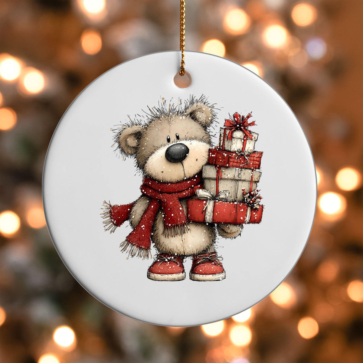 Teddy Bear with Presents ornament UV DTF transfer on a round white ornament with a bokeh light background