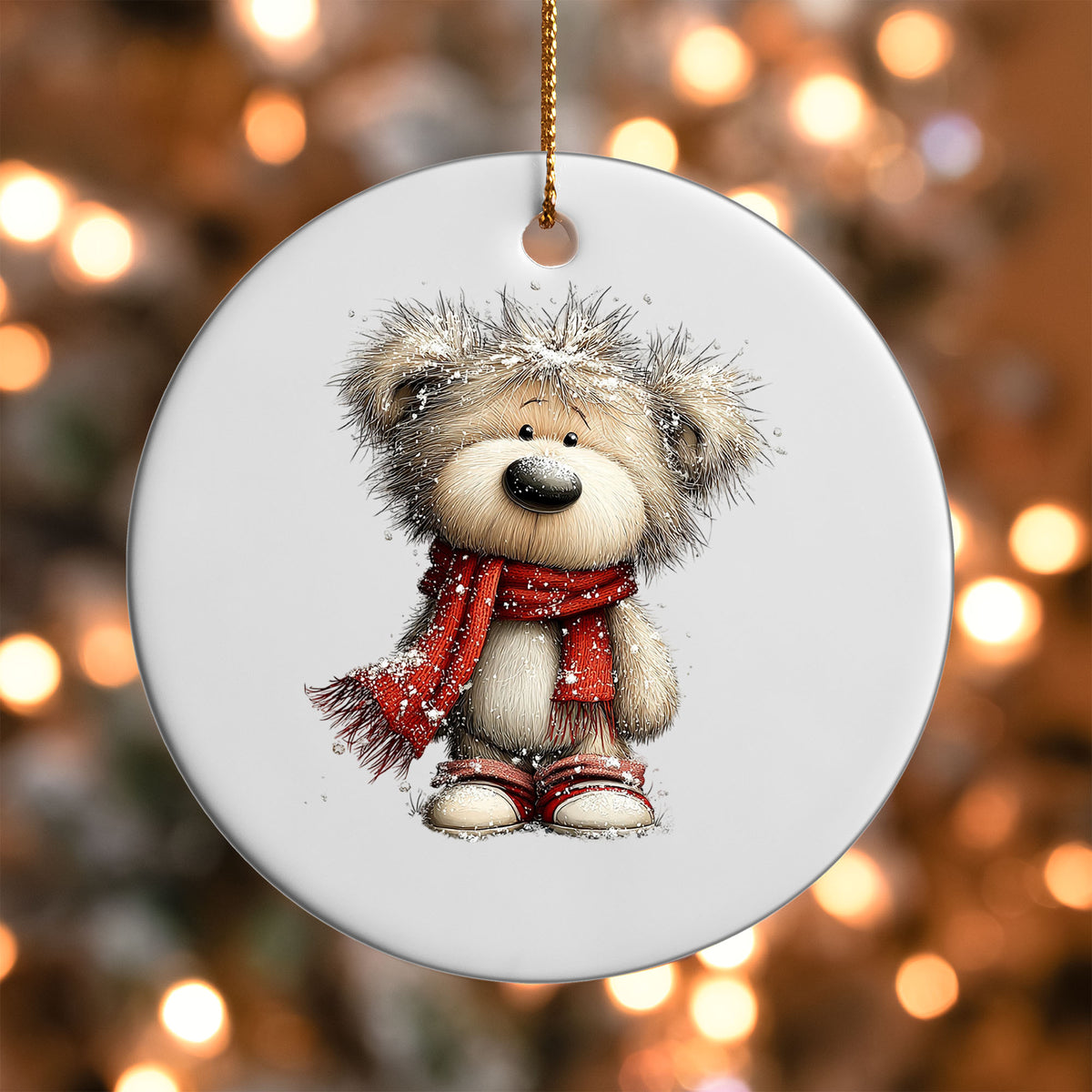 Teddy Bear with Red Scarf ornament UV DTF transfer on a round white ornament with a bokeh light background
