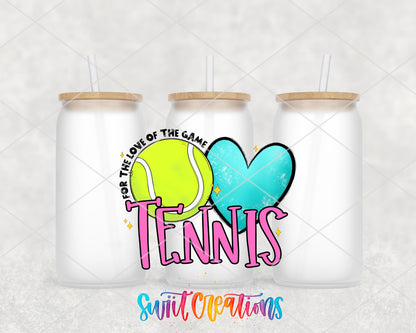 Tennis love of the game pink UV DTF wrap on three frosted glass cans