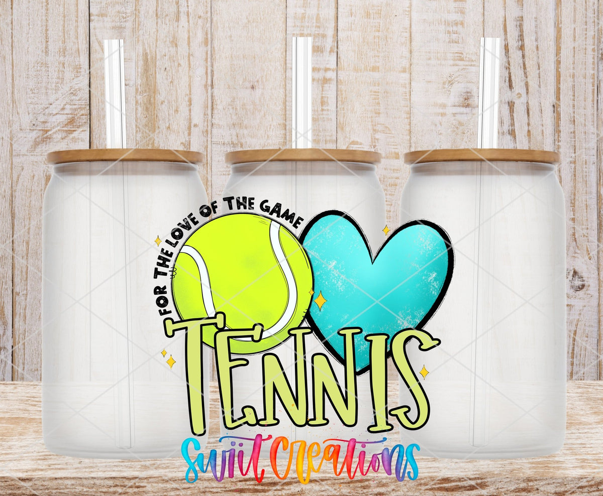 Tennis love of the game lime green UV DTF wrap on three clear glass cans with bamboo lids
