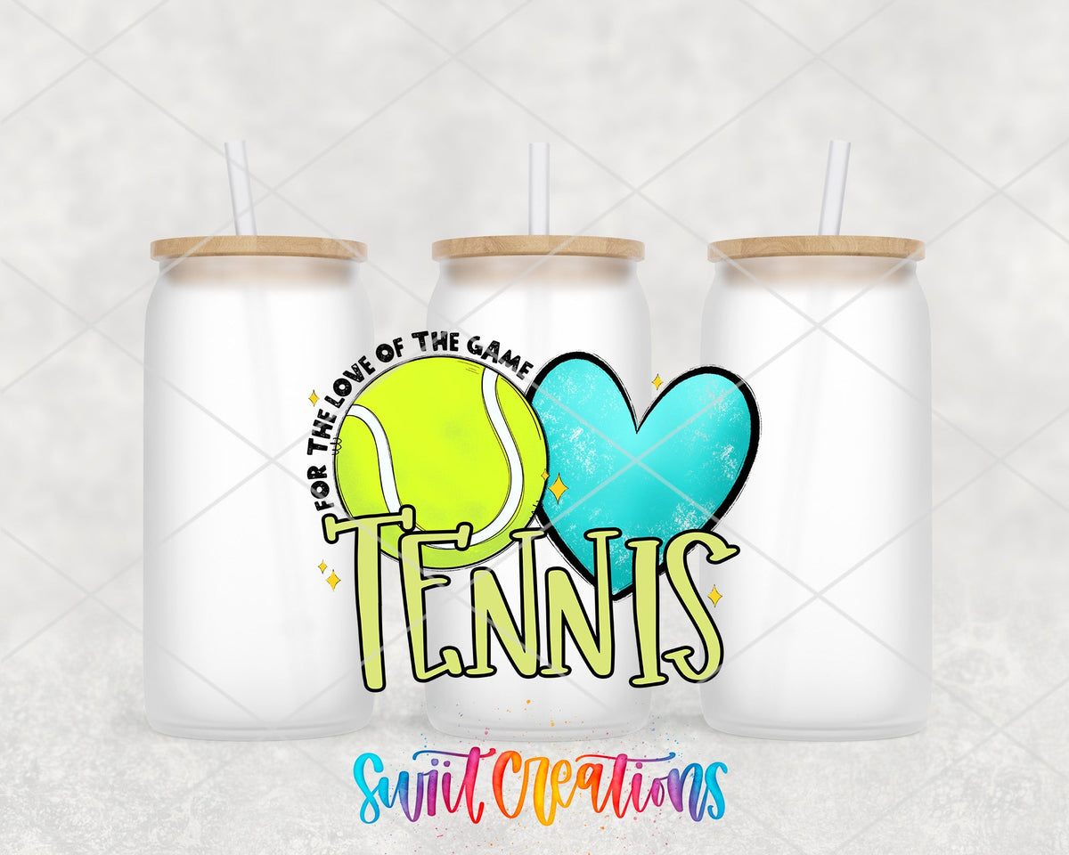 Tennis love of the game lime green UV DTF wrap on three frosted glass cans