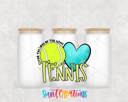 Tennis love of the game lime green UV DTF wrap on three frosted glass cans