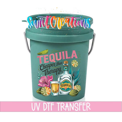 Tequila Cheaper Than Therapy UV DTF transfer on a teal mini bucket with a lid on a white background
