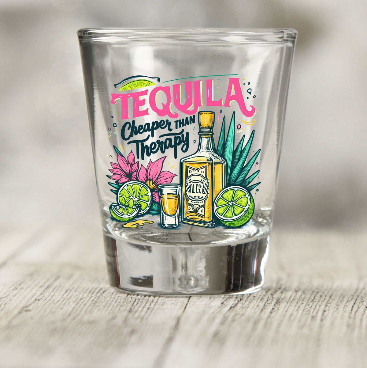 Tequila Cheaper Than Therapy shot glass UV DTF transfer with gold tequila bottle, shot glass, and lime details on a clear shot glass