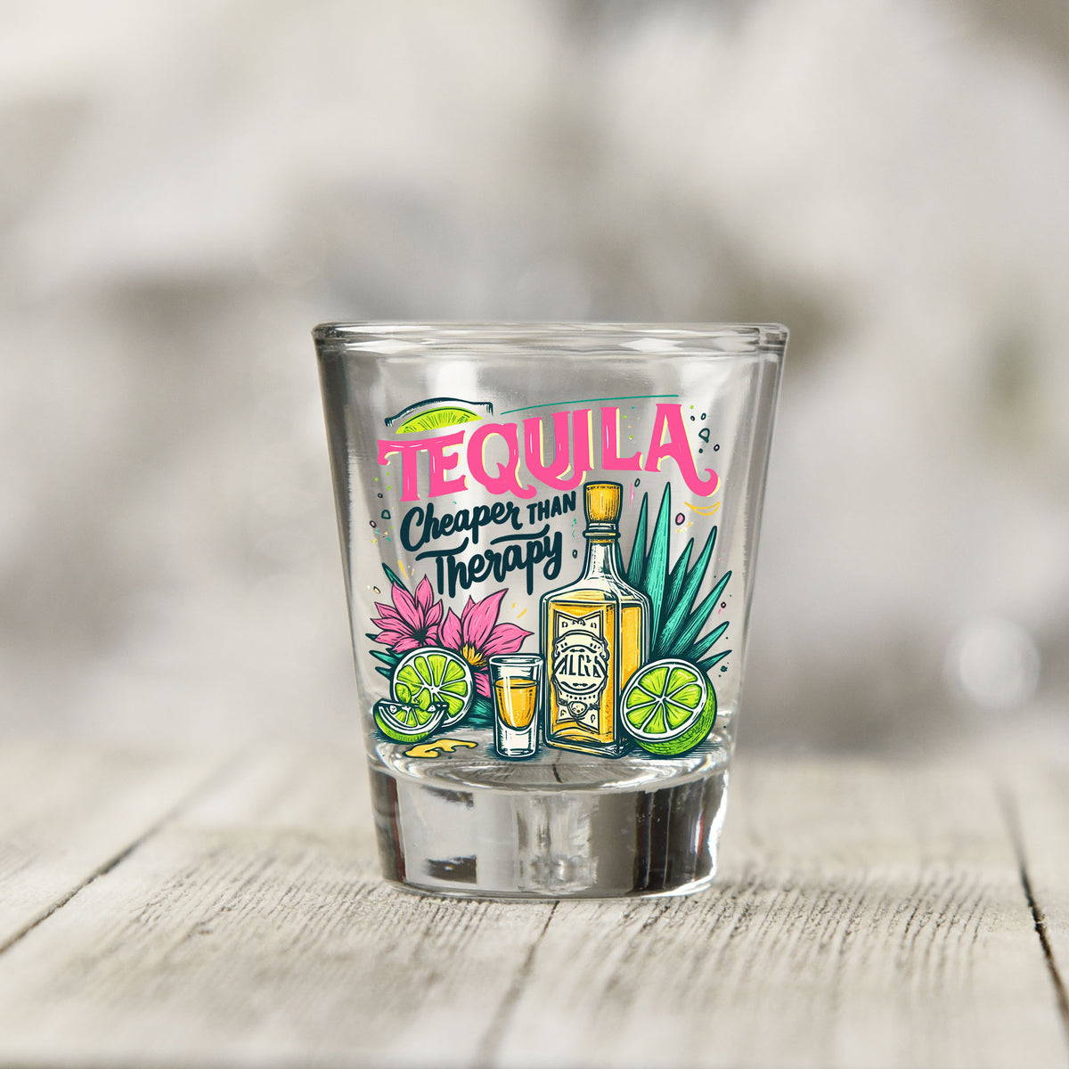 Close-up of the Tequila Cheaper Than Therapy UV DTF transfer on a clear shot glass