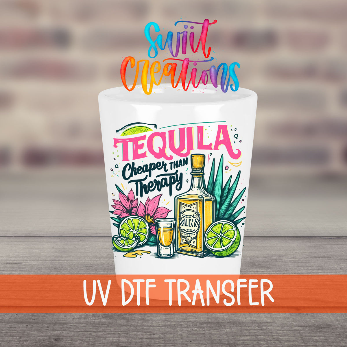Tequila Cheaper Than Therapy UV DTF transfer on a white shot glass in front of a brick wall