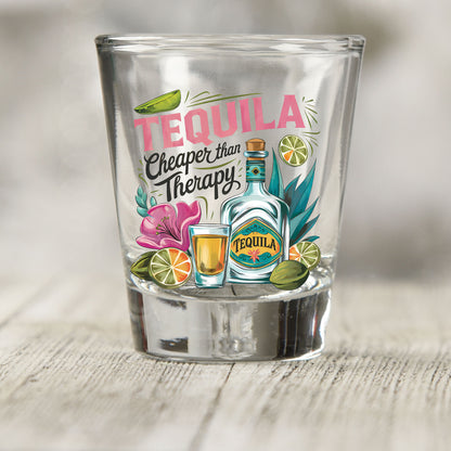 Tequila Cheaper Than Therapy shot glass UV DTF transfer with teal tequila bottle, shot glass, and lime details on a clear shot glass