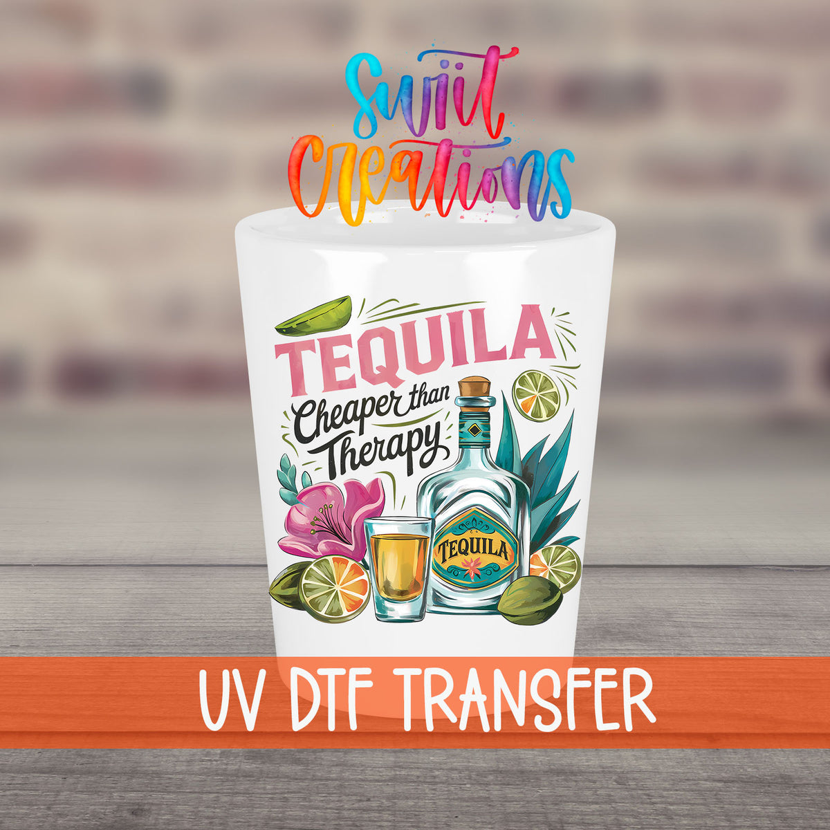 Tequila Cheaper Than Therapy UV DTF transfer on a white shot glass in front of a brick wall