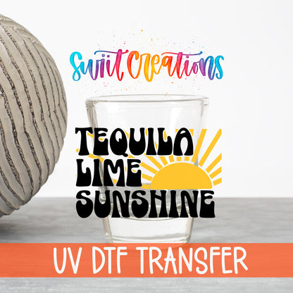 Tequila Lime Sunshine UV DTF transfer on a clear shot glass with the Swiit Creations logo and UV DTF Transfer banner