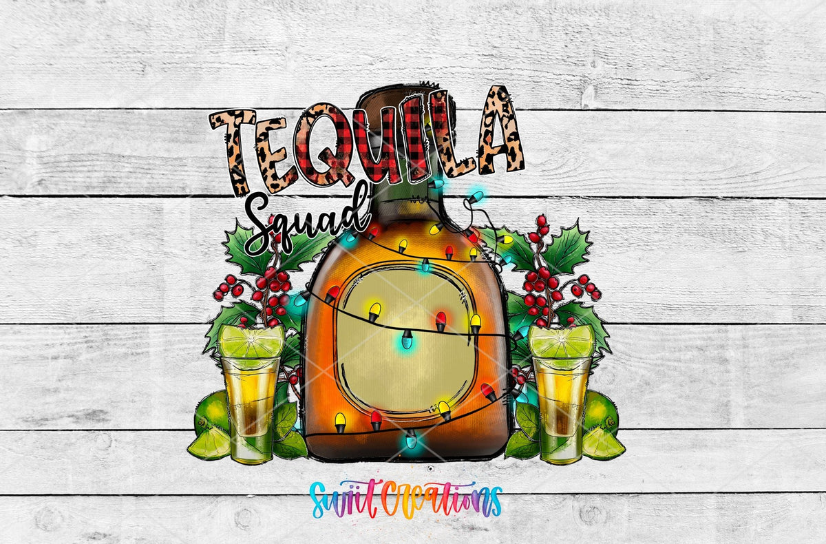 Tequila Squad UV DTF transfer artwork on a white wood background