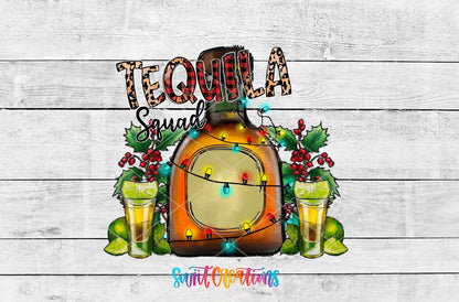 Tequila Squad UV DTF transfer artwork on a white wood background