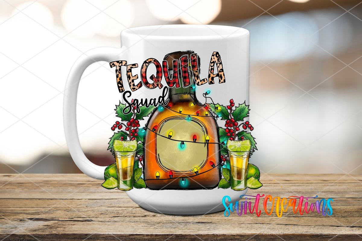 Tequila Squad UV DTF transfer on a white ceramic coffee mug