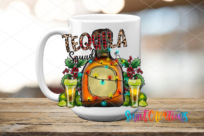 Tequila Squad UV DTF transfer on a white ceramic coffee mug
