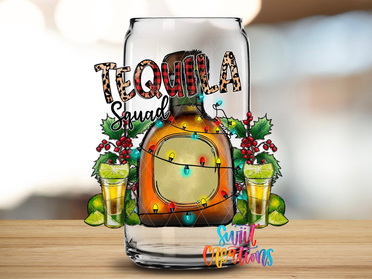Close-up of the Tequila Squad UV DTF transfer on a clear glass can