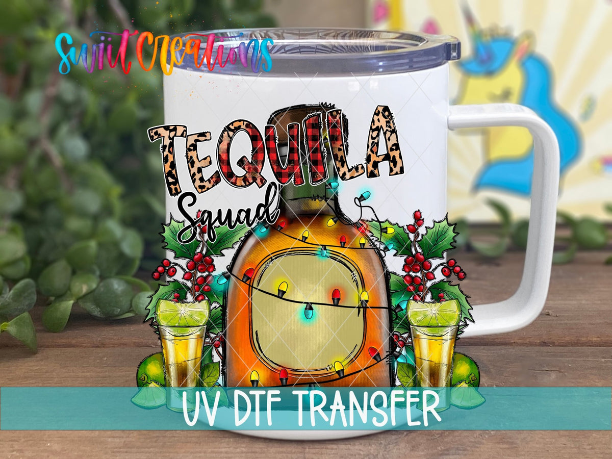Tequila Squad UV DTF transfer on a white stainless steel mug with a lid