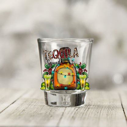Close-up of the Tequila Squad UV DTF transfer on a clear shot glass