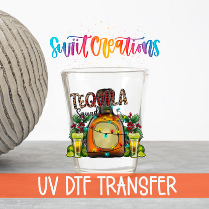 Tequila Squad UV DTF transfer on a clear shot glass with the Swiit Creations logo and UV DTF Transfer banner