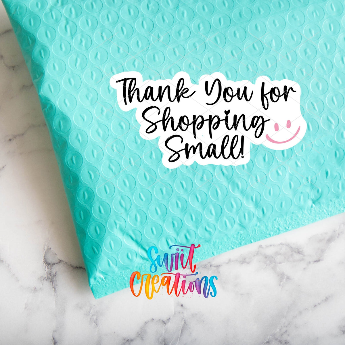 Thank You for Shopping Small Smiley sticker sealing a teal poly mailer