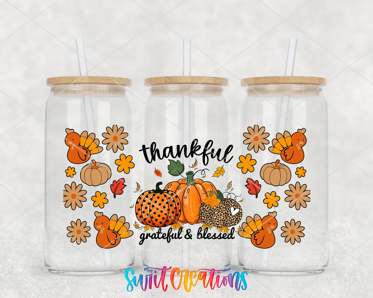 Thankful Grateful And Blessed UV DTF Transfer Tumbler Wrap | Pumpkin Turkey Fall | DTF149 - Swiit Creations