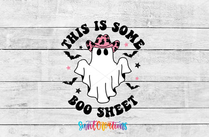 This Is Some Boo Sheet UV DTF transfer artwork on a white wood background