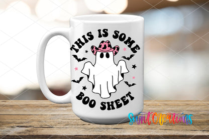 This Is Some Boo Sheet UV DTF transfer on a white ceramic coffee mug