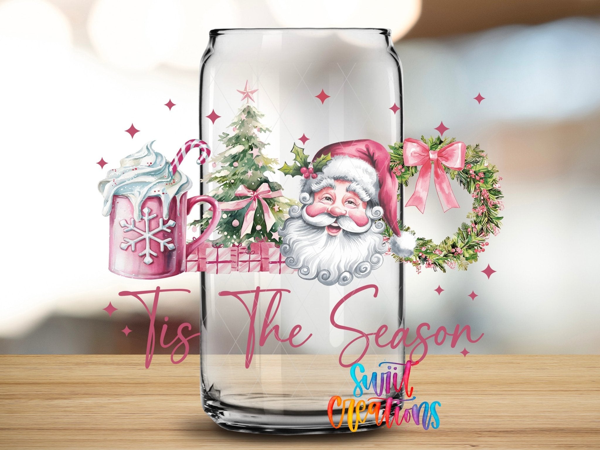Swiit Creations UV DTF Tis the Season Christmas transfer applied to a clear glass can