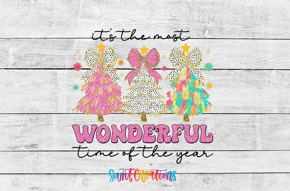 It's the Most Wonderful Time of the Year leopard trees and bow UV DTF transfer artwork on a white wood background