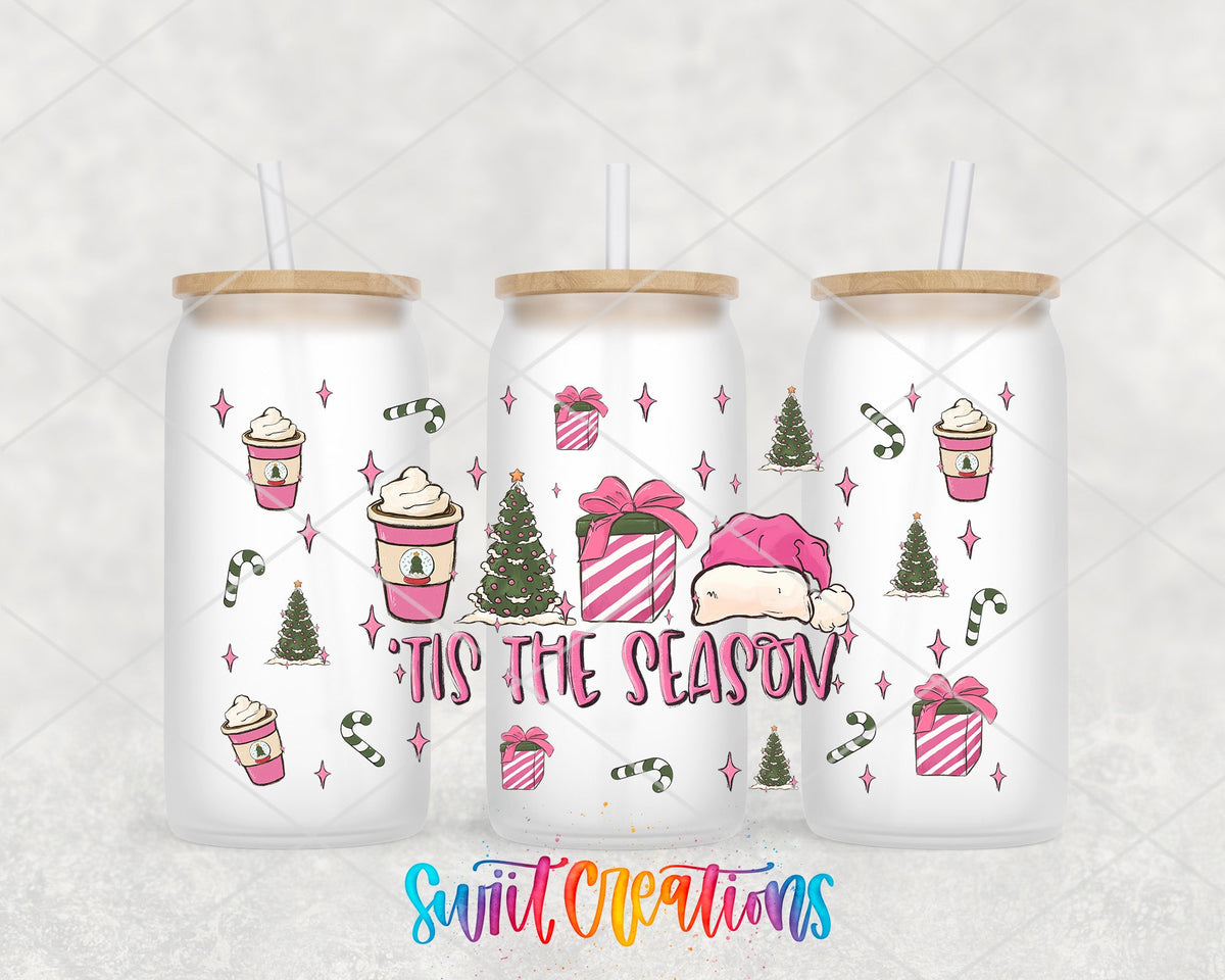 Tis the Season pink coffee and gifts UV DTF wrap on three frosted glass cans