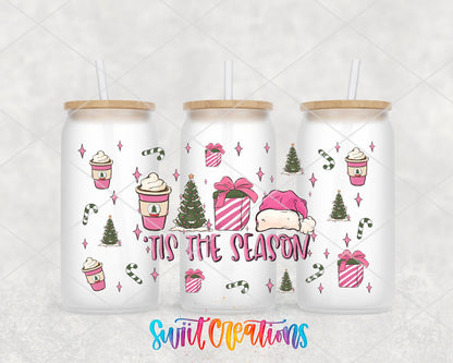 Tis the Season pink coffee and gifts UV DTF wrap on three frosted glass cans