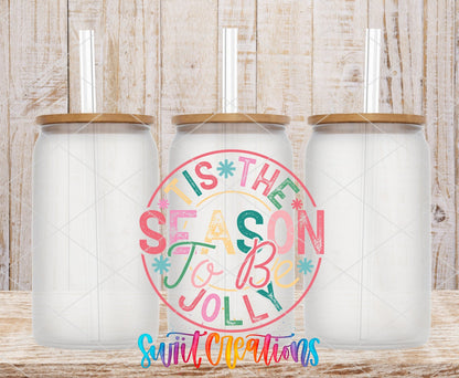 Tis the Season to Be Jolly UV DTF transfer on frosted glass cans with bamboo lids