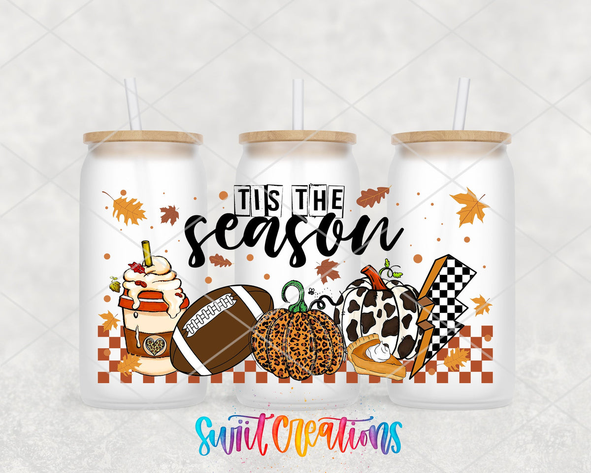 Tis the Season football, pumpkins, and pie UV DTF wrap on three frosted glass cans