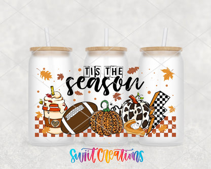 Tis the Season football, pumpkins, and pie UV DTF wrap on three frosted glass cans