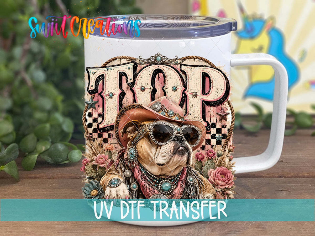 Top Dog Western Bulldog UV DTF transfer displayed on a white coffee mug from Swiit Creations