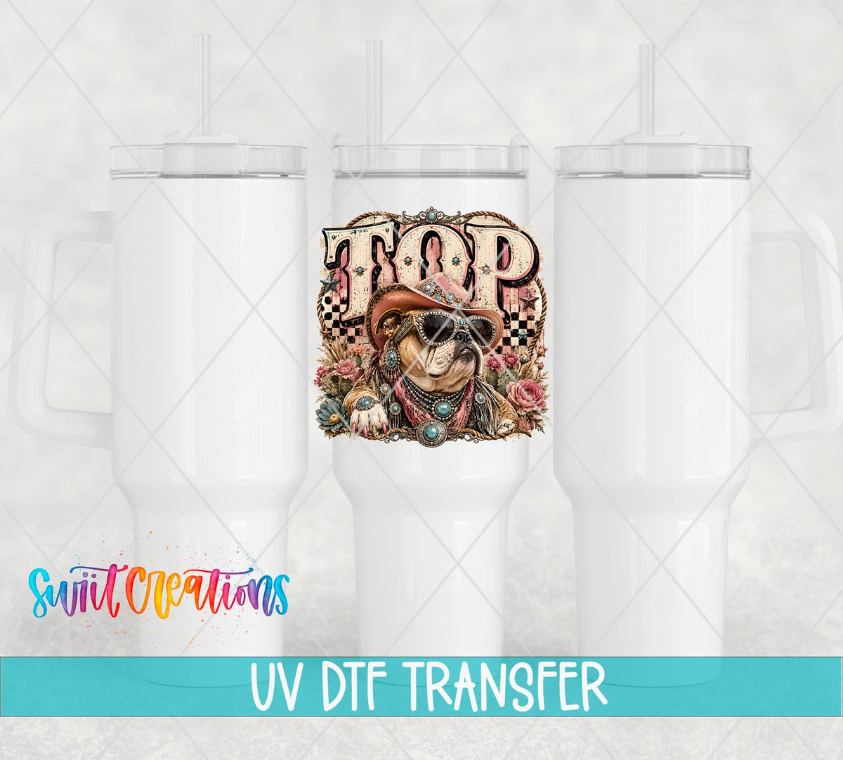 Top Dog Western Bulldog UV DTF transfer applied to a white tumbler set from Swiit Creations