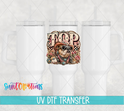 Top Dog Western Bulldog UV DTF transfer applied to a white tumbler set from Swiit Creations