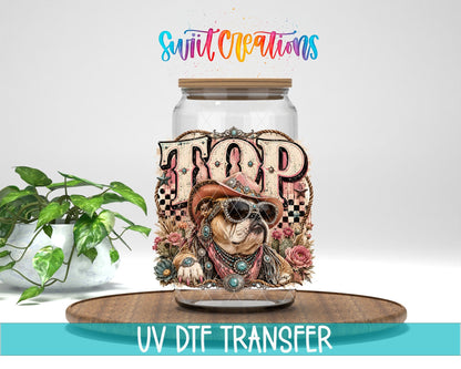 Top Dog Western Bulldog UV DTF transfer displayed on a clear jar mockup from Swiit Creations