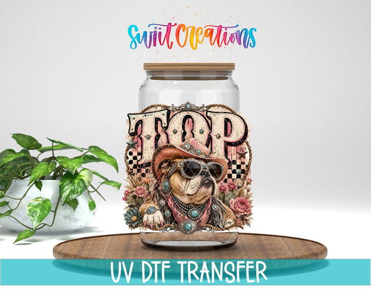 Top Dog Western Bulldog UV DTF transfer displayed on a clear jar mockup from Swiit Creations