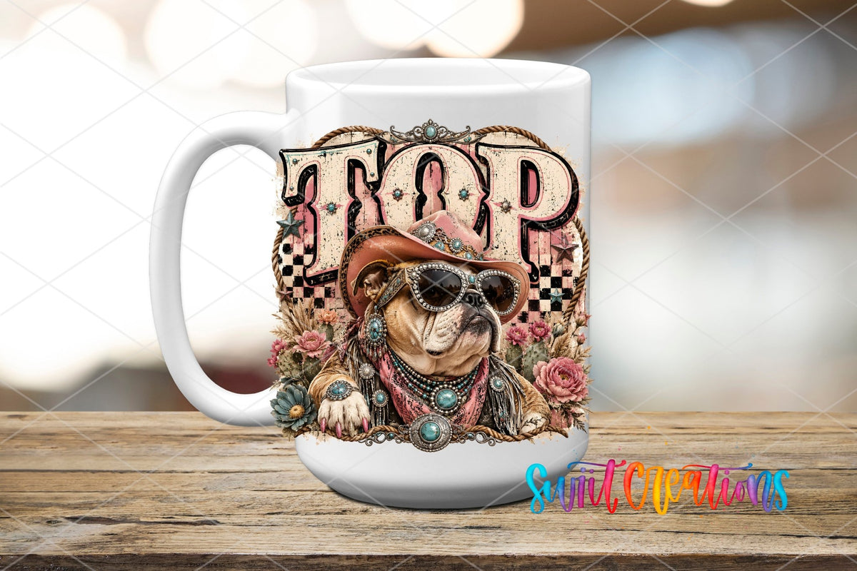 Top Dog Western Bulldog UV DTF transfer displayed on a white ceramic mug from Swiit Creations