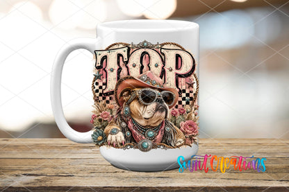 Top Dog Western Bulldog UV DTF transfer displayed on a white ceramic mug from Swiit Creations