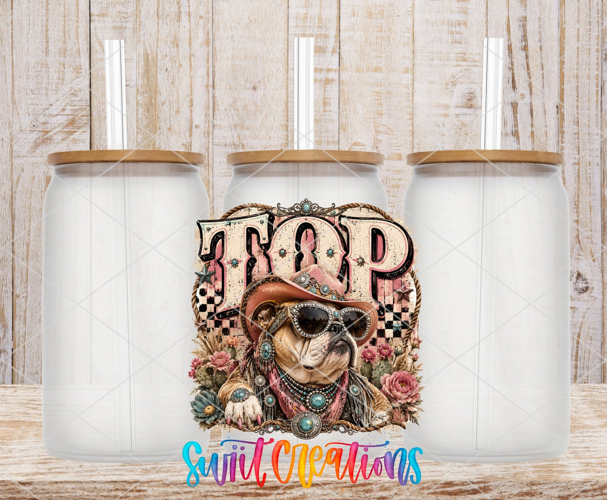 Top Dog Western Bulldog UV DTF transfer applied to a clear glass can set from Swiit Creations