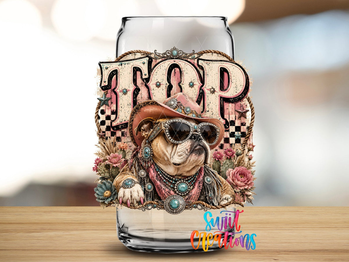 Top Dog Western Bulldog UV DTF transfer applied to a clear glass can from Swiit Creations
