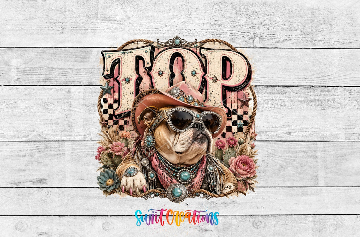 Top Dog Western Bulldog UV DTF transfer shown as a full artwork preview from Swiit Creations