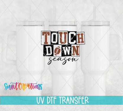 Touchdown Season UV DTF transfer on white 40 oz tumblers