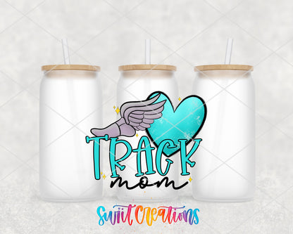 Track Mom UV DTF wrap on three frosted glass cans